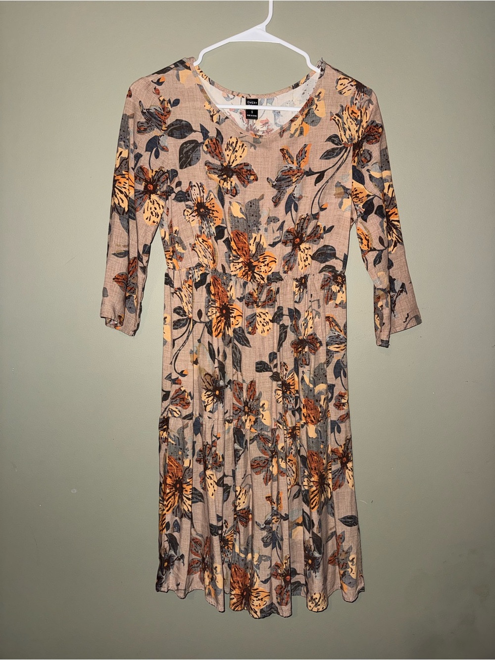 Floral Beige Midi Dress with Yellow & Brown Blooms